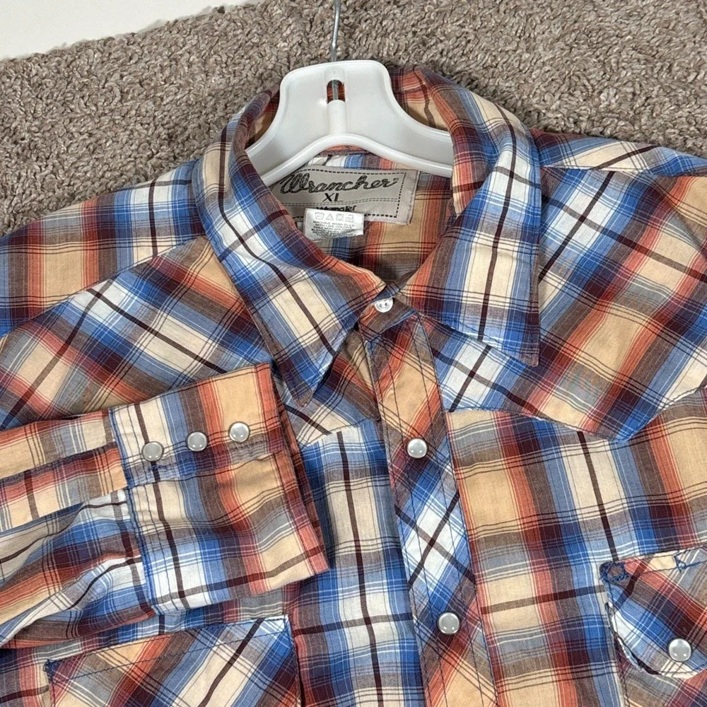Wrangler Wrancher Mens XL Blue Orange Plaid Western Pearl Snap Shirt MTW1123‎